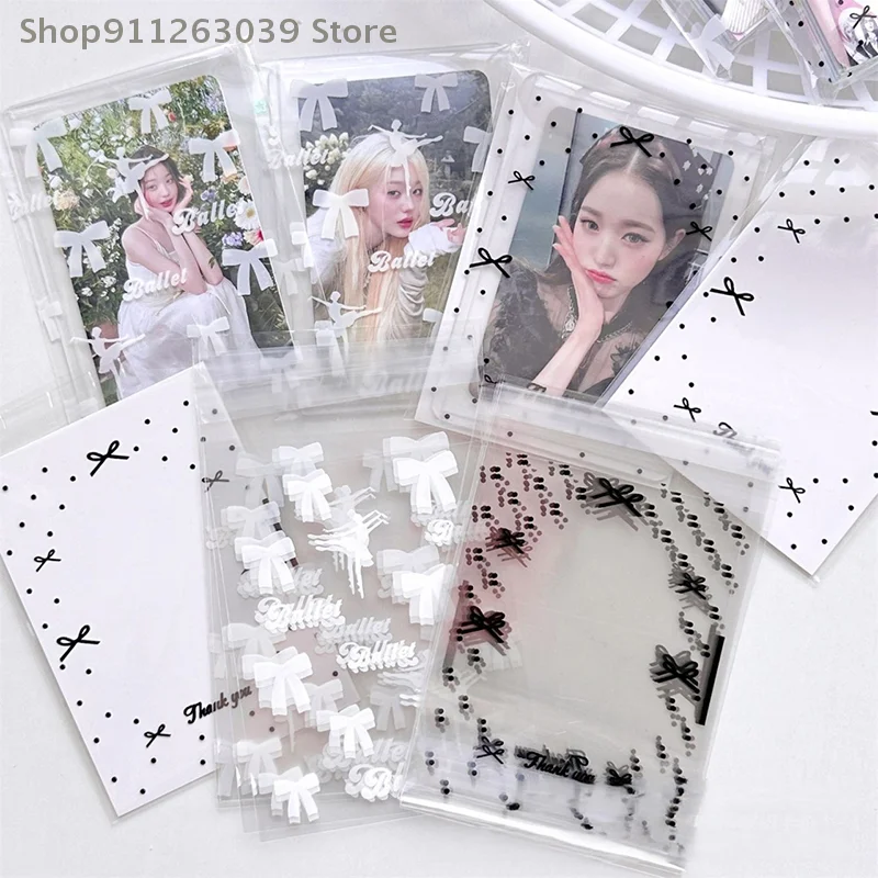 50Pcs Black & White Ballet Bow Clear Photocard Sleeves Self-adhesive Idol Photo Cover Self Sealing Gift Card Packaging Bag