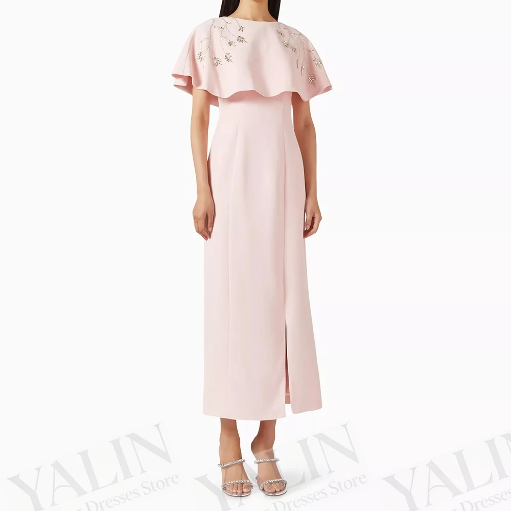 

Women's Straight Evening Dresses Tea-length O-neck Sleeveless Prom Gown Fashion Crystal Flowers Stole Draped Customized Gowns