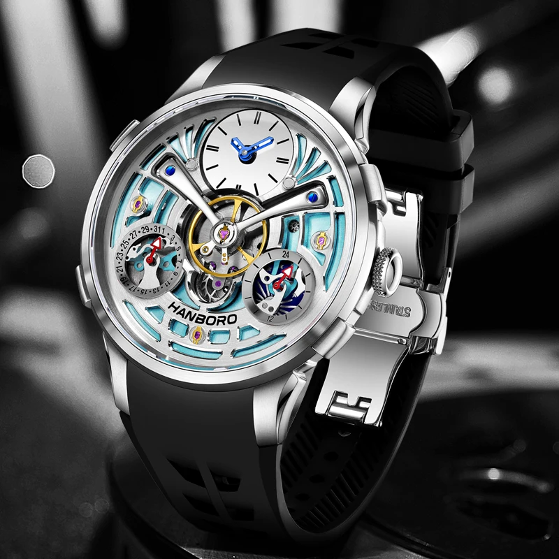 HANBORO Men Automatic Watch 44mm Mechanical Wristwatch Luminous Skeleton Sapphire Multi-Dial Date 24Hours