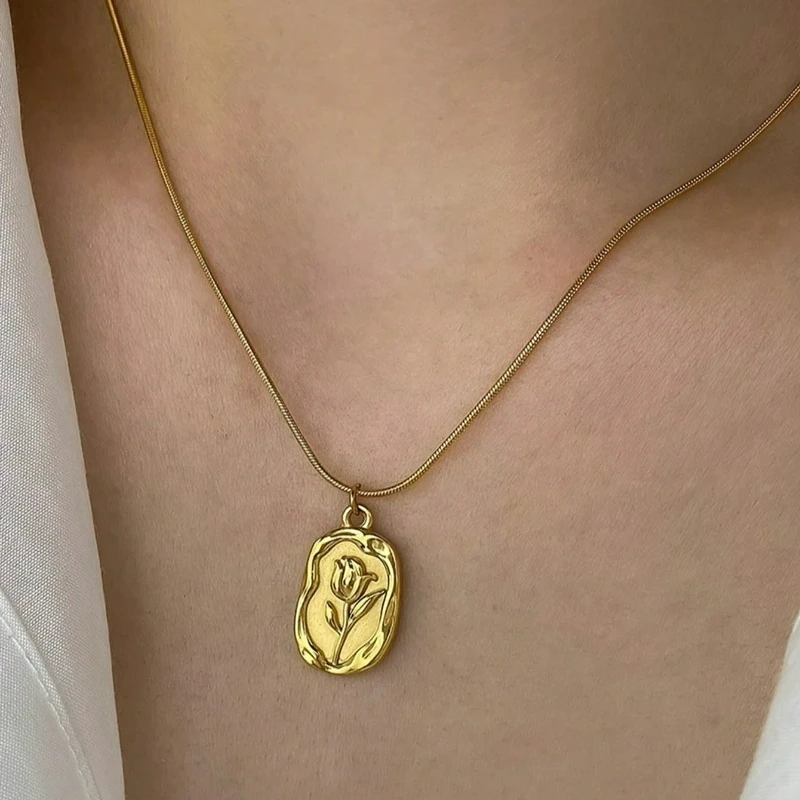 Gold & Silver Plated Stainless Steel Embossed Tulip Irregular Oval Pendant Snake Chain Necklace Tarnish Resistant Hypoallergenic