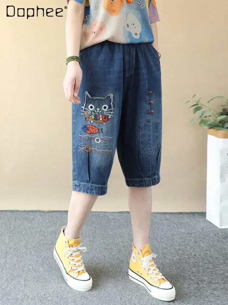 Fashionable Cartoon Embroidery Denim Shorts Women's 2023 Summer New Loose Elastic Waist Ankle-Tied Shorts Pants Female