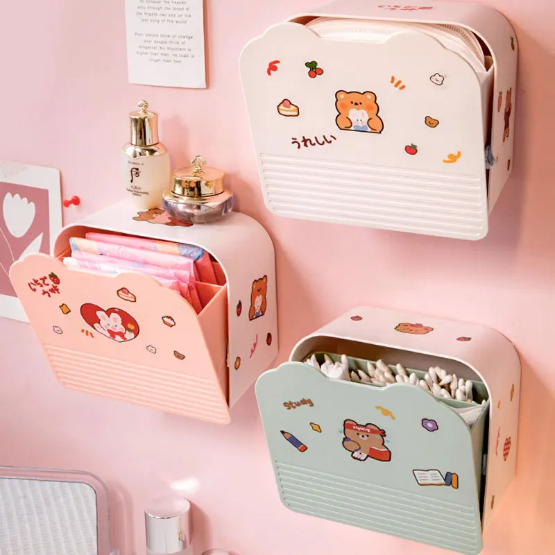 W&G Kawaii Storage Organizer Adhesive Large Storage Box Sanitary Napkin Cosmetics Organizer Decorative Box Bathroom Accessories