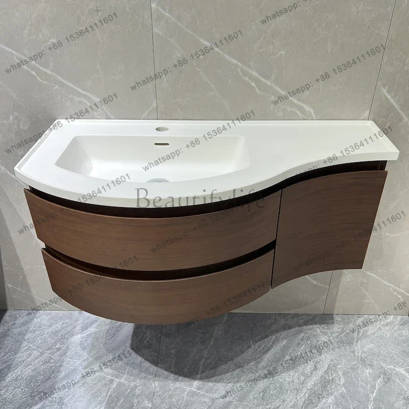 Extremely narrow arc bathroom cabinet combination artificial stone integrated basin washtable solid wood grain