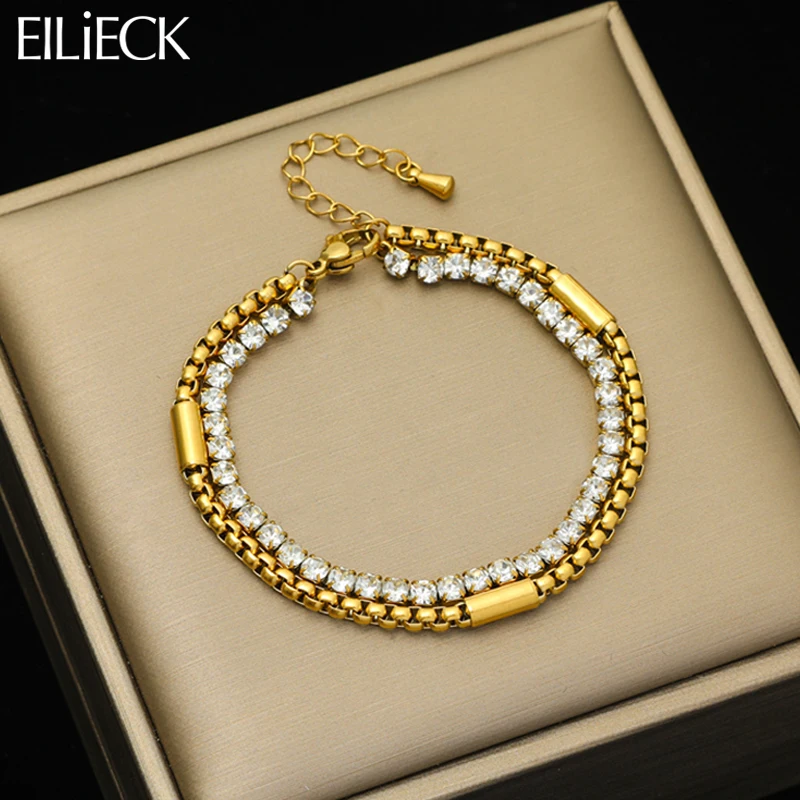 EILIECK 316L Stainless Steel Double Layer Zircon Bracelet For Women Girl Luxury High Quality Bangles Party Non-fading Jewelry