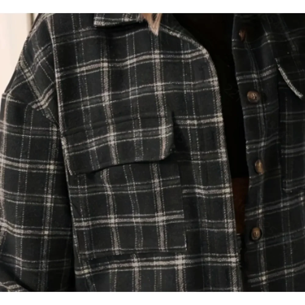 Chaqueta de talla grande 1XL-5XL para mujer, camisas con estampado a cuadros de manga larga para otoño e invierno, chaqueta tipo túnica informal con botones y cuello simulado