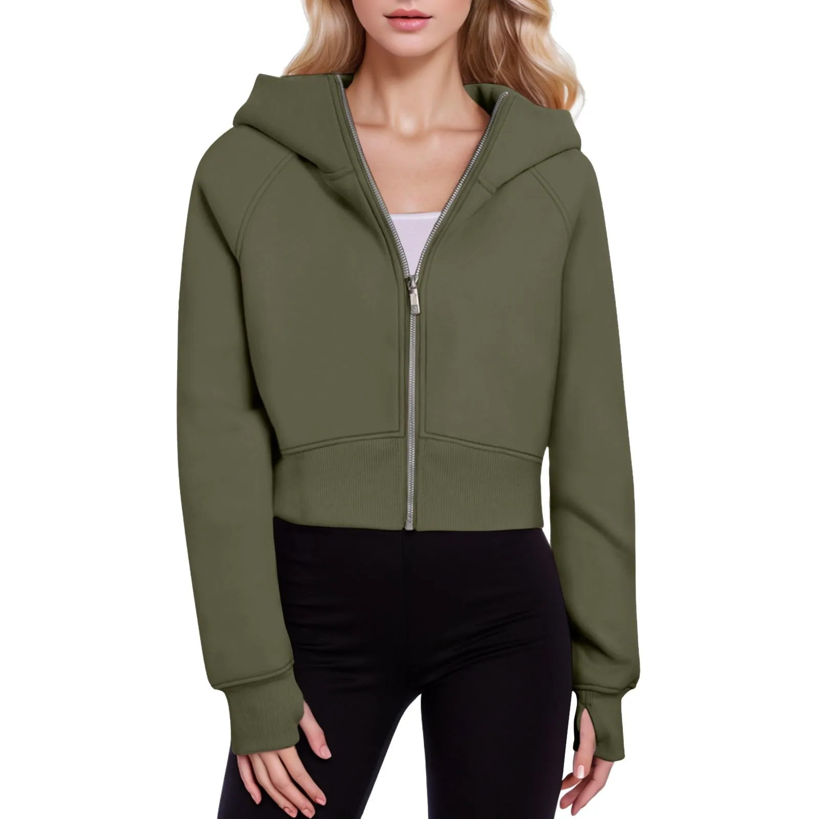 

Women's Autumn And Winter Solid Colour Hoodies Fashion Padded Zip Short Sweatshirt Jacket Long Sleeve Casual Sweatshirt Tops