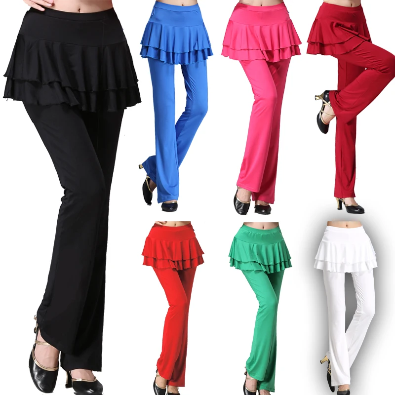Women's Latin Dance Skirt Pants Long Dance Pants Square Dancing Clothing Polyester Fabric mid Waist Flared Legs  Color