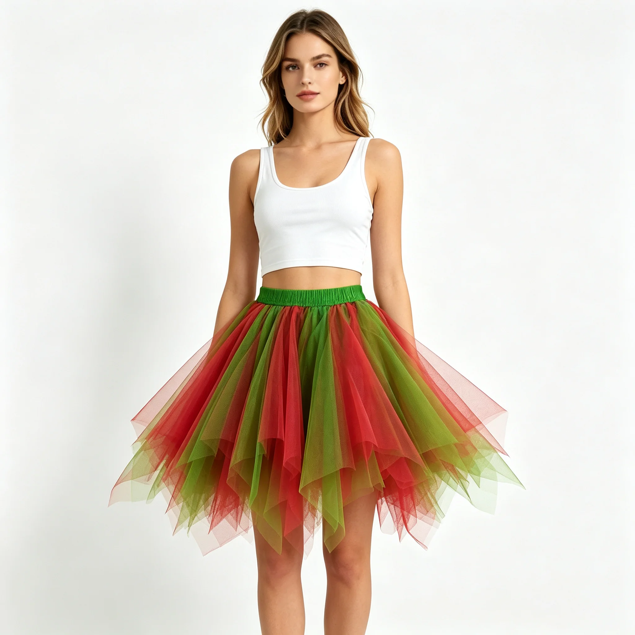 Unregelmäßiger Tüll-Tutu-Rock für Erwachsene, Rot-Grün Gemischte Farbe, Kurzer Rock, Halloween-Weihnachtsfeier-Cosplay-Kostüm – Detail 2