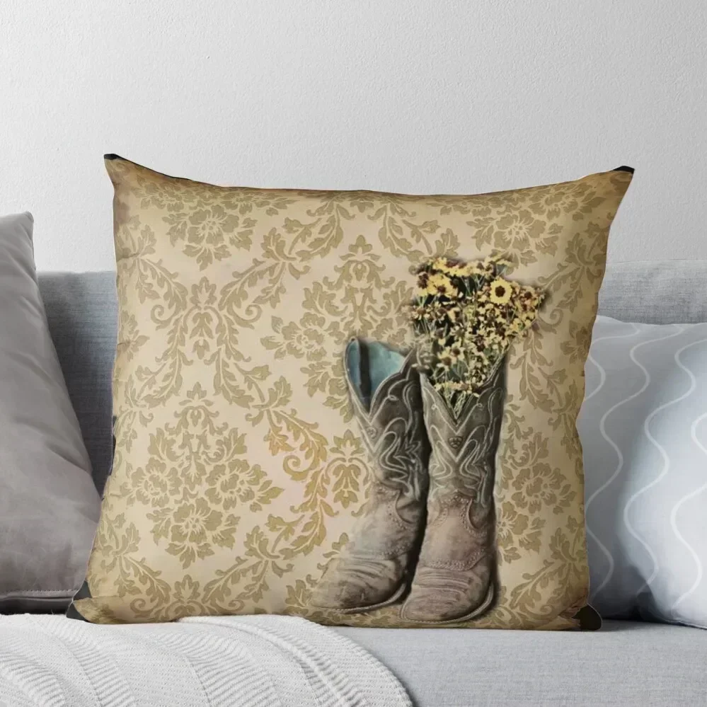 

primitive Wildflower brown damask western country cowboy boots Throw Pillow ornamental pillows anime girl pillow