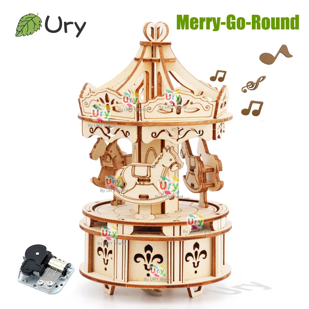 Rotatable DIY 3D Puzzles Carousel Merry-Go-Round Music Octave Box Wooden Model Mechanical Kits Assembly Decor Toys Gift