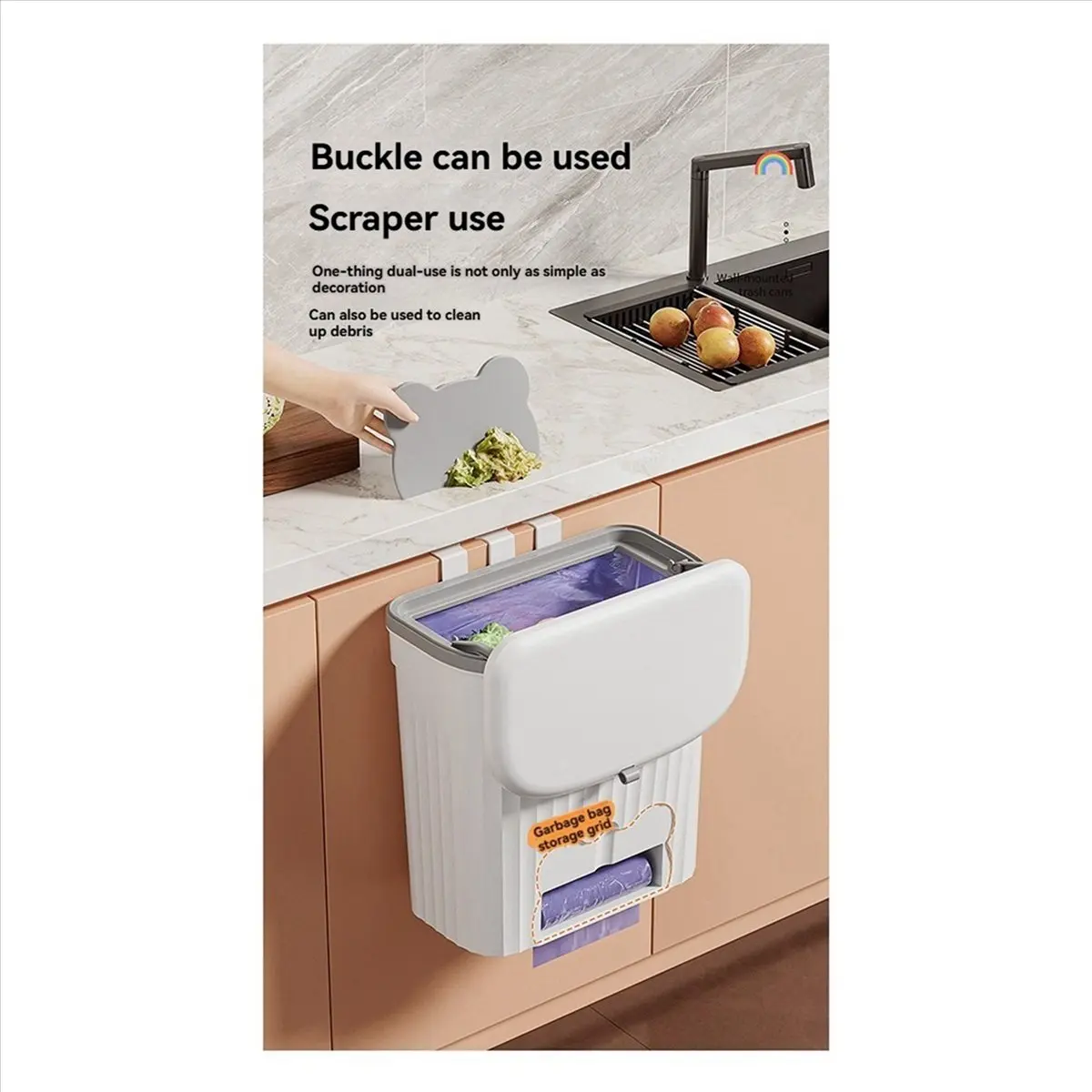 A75K Kitchen Wastebasket Wall Mounted Trash Can with Lid Hanging Trash Bin Garbage Can for Cabinet Sink Compost Bin 8.5L