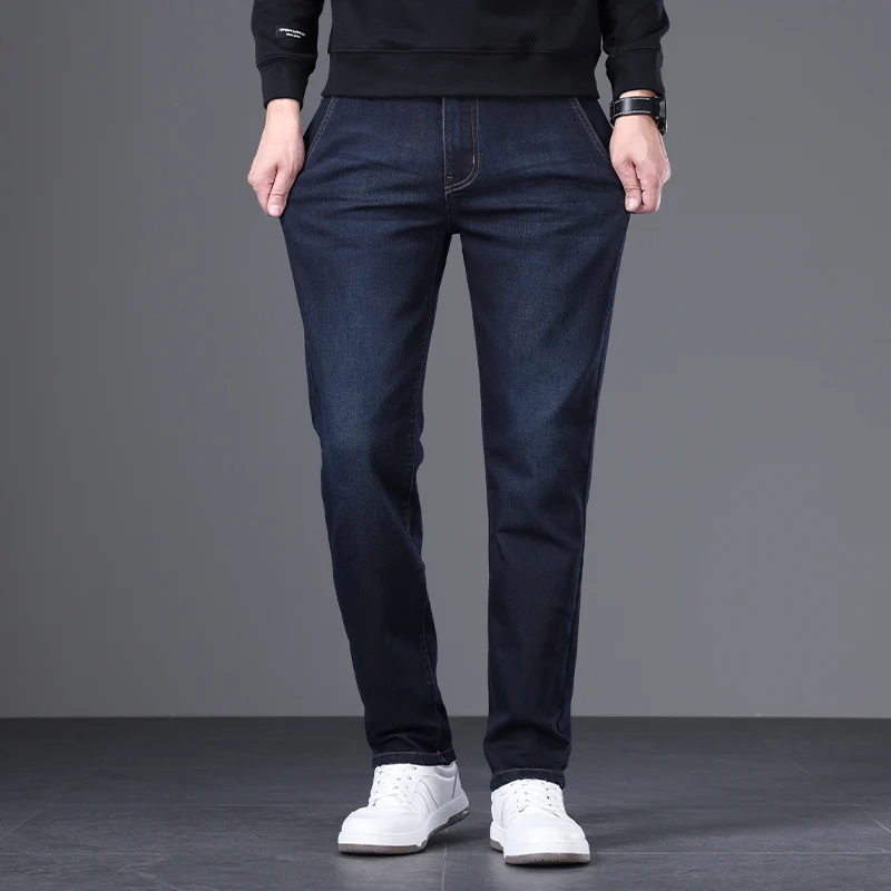 2024 New Men's Straight Stretch Jeans Classic Washed Blue Black High Waist Business Casual Denim Pants Brand Autumn Trousers