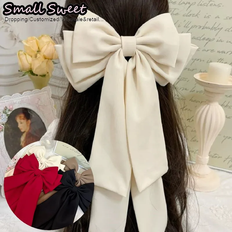 Gothic Lolita Oversized Bow Five Layer Ribbon Spring Clip Temperament Solid Color Satin Scrunchie Ribbon Scrunchie