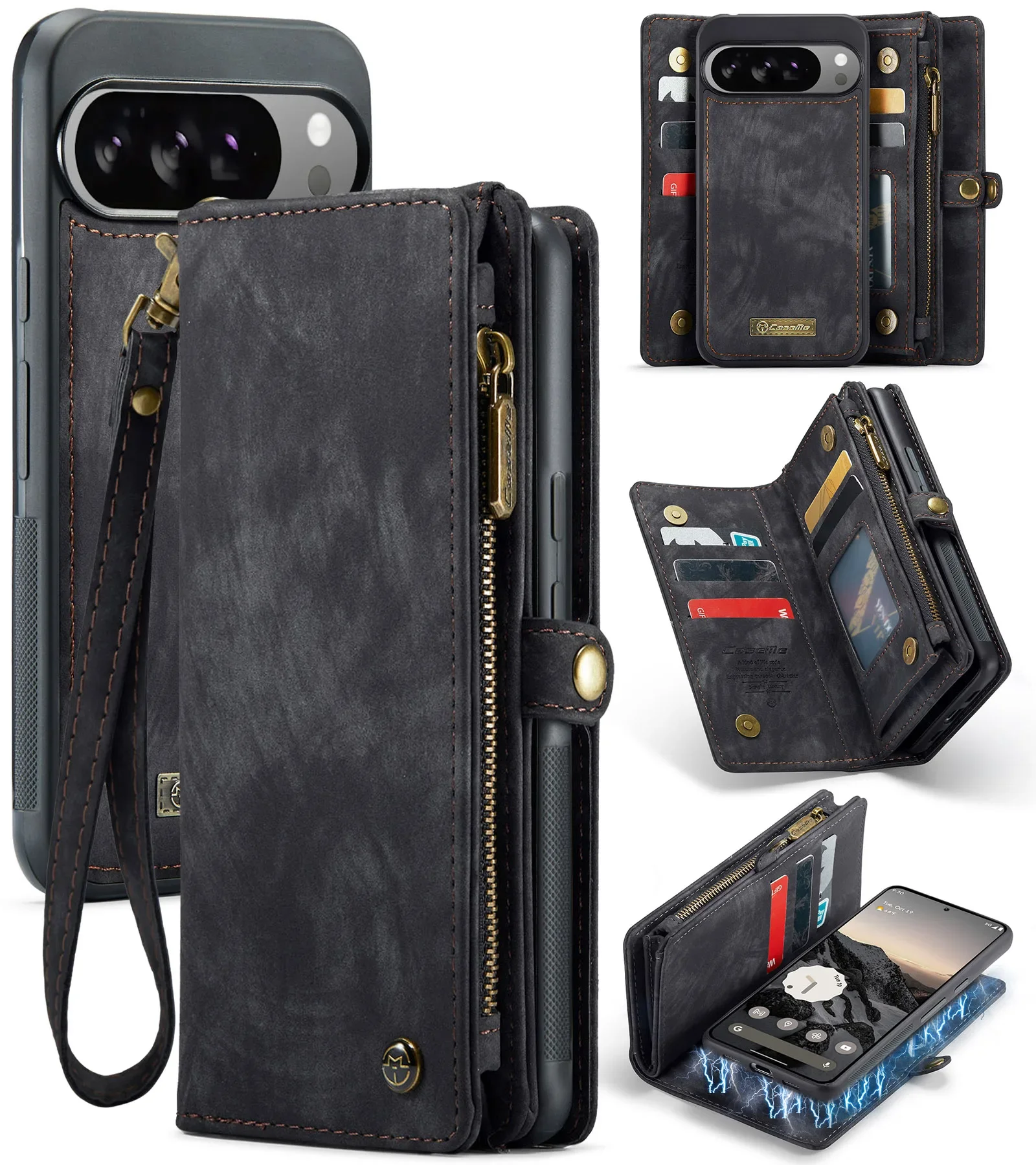 

Caseme-008 Busniess Separable Wallet Case For Google 10 10 Pro 10ProXL 9 9A 9Pro XL Card Holder Zipper Leather Cover with Strap
