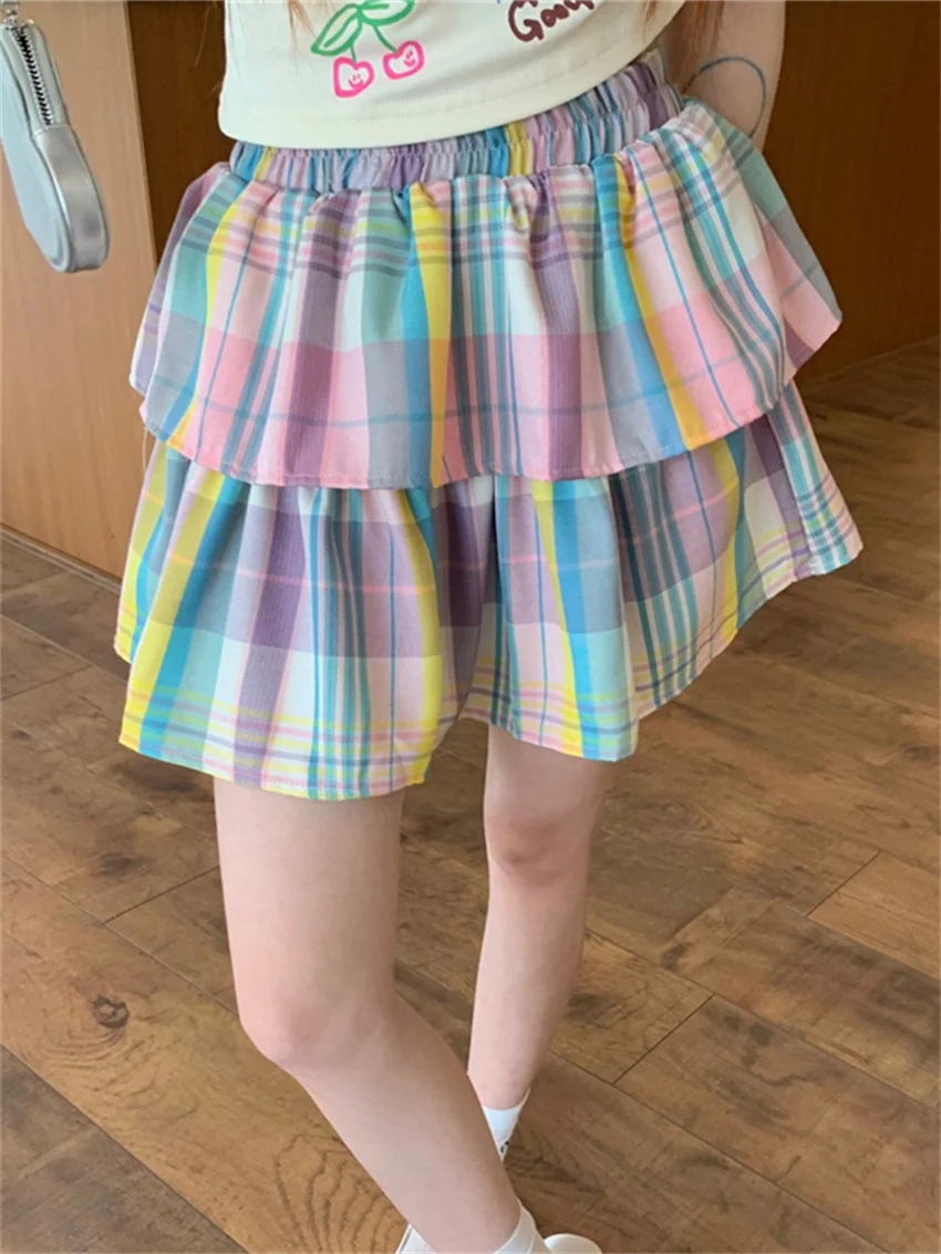 

Alien Kitty Rainbow Plaid Mini Skirts Preppy Style Women Slim Chic Sweet Party Summer 2024 High Street Daily Casual Gentle