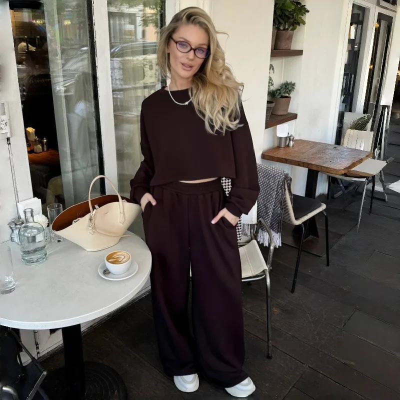 

Apprabant женские осенние новые повседневные эластичные широкие брюки из 2 предметов однотонный свободный топ с длинными рукавами и круглым вырезом стильный наряд уличная одежда