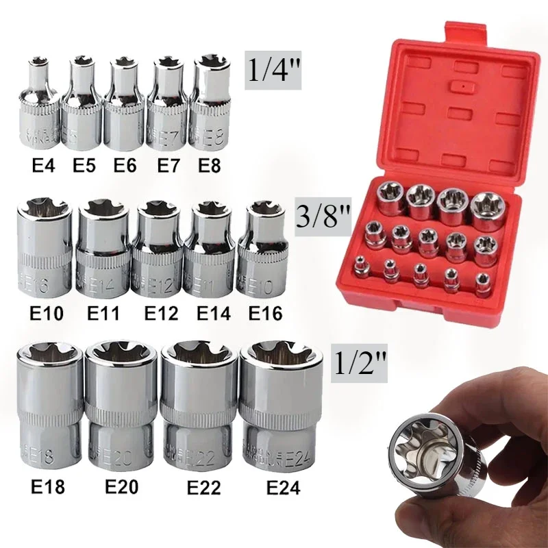 

With a Case E4-E24 Star Socket Set 14-Pieces Auto Repair Tools Wrench Head External Torx Socket Set Female E Torx Socket Set