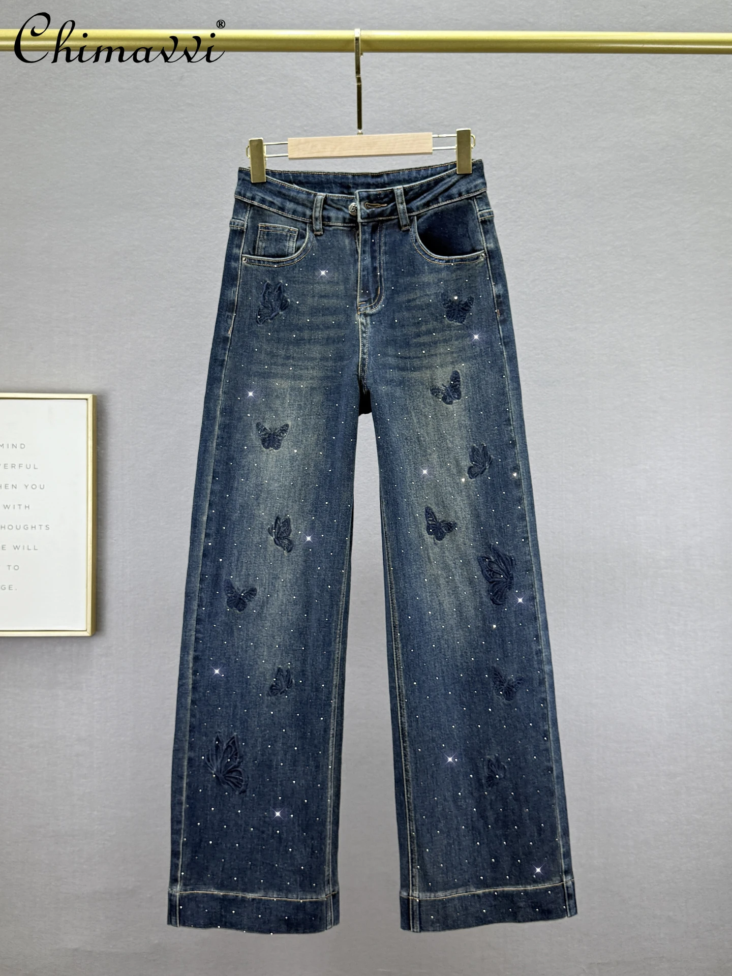 

Модные удлиненные джинсы женские осенние новые тяжелые свободные брюки с высокой талией в стиле ретро с вышивкой и стразами, широкие брюки длиной до пола