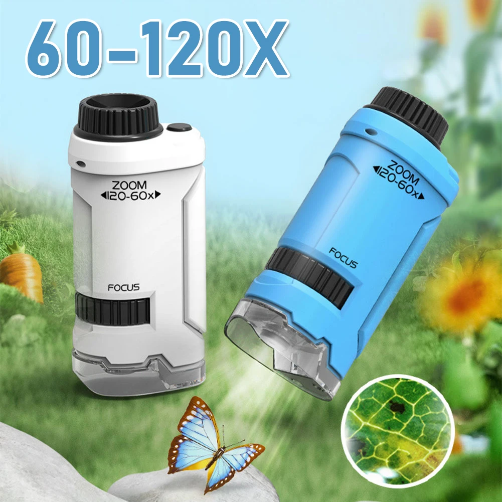 60-120x Kid Science Experiment Pocket Microscope Toy Kit Educational Mini Handheld Microscope with Light Children Toys Gift