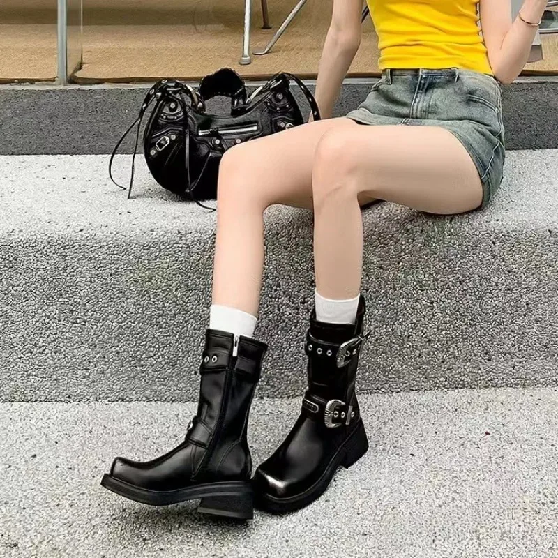 2025 rétro bout carré boucle de ceinture mi bottes à talons pour les femmes en automne semelle épaisse talon épais fermeture éclair latérale mi-talon bottes de chevalier