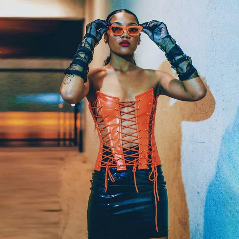 Hollow Out Lace-up Corset Sexy Gothic Women PU Leather Corsets Bustiers Slim Curve Shaper Crop Tops Sleeveless Corselet Tank Top