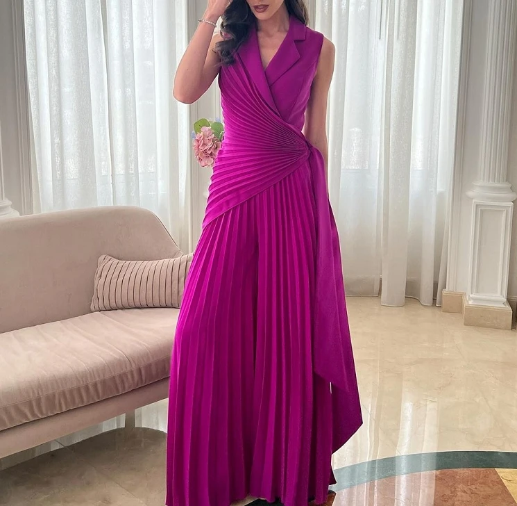 Fashionable Lapel Sleeveless Lace Up Design with Multiple Pleats, Solid Color Wide Leg Jumpsuit for Women's New Casual Wear