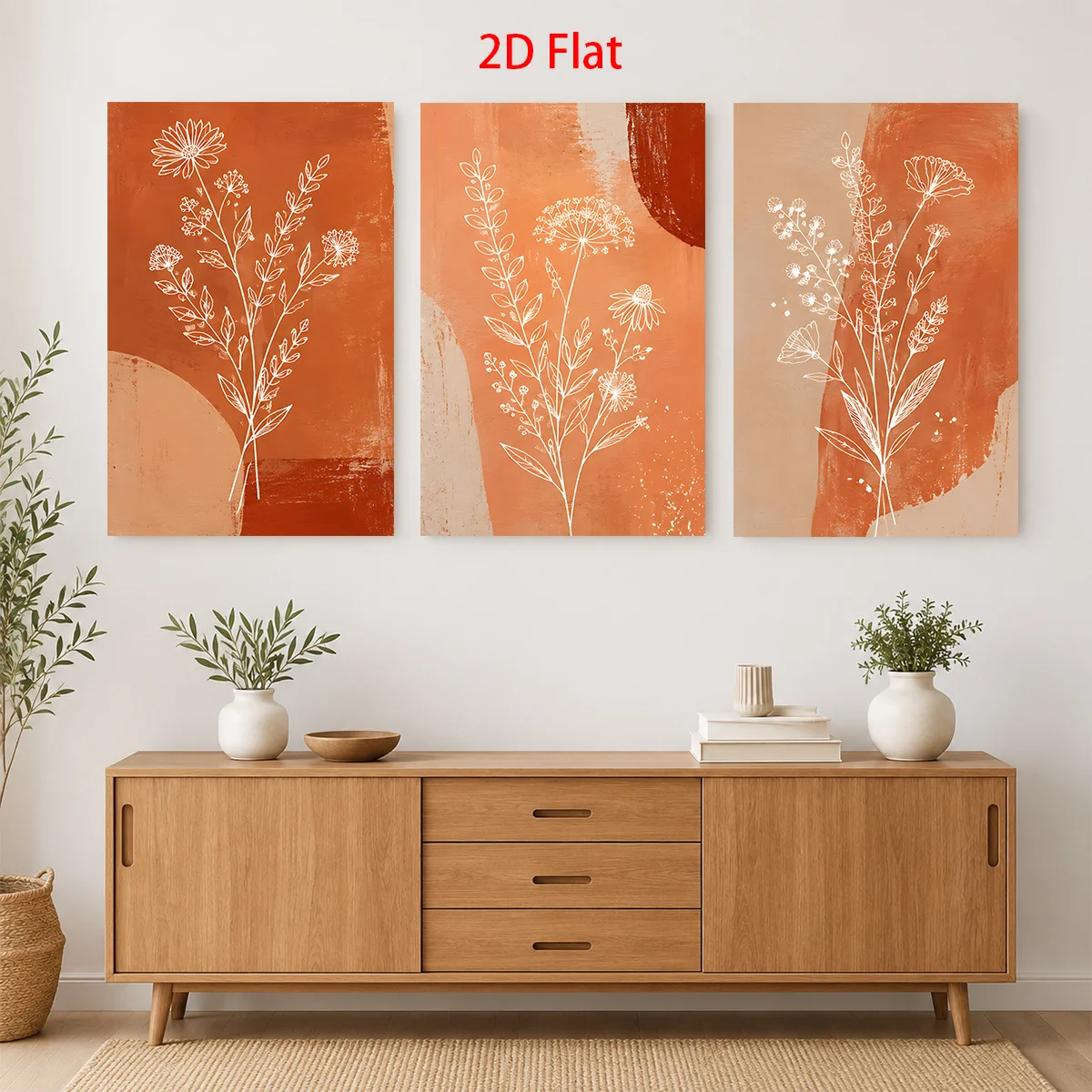 (No frame)2D Flat 3PCS- Three canvas prints with orange backgrounds and white floral line art. Themed Canvas Wall Art, Waterp