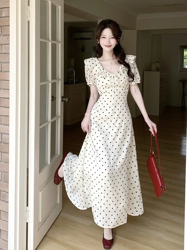

plus Size Women's Sweet Polka Dot Bubble Sve Dr Knee-Length Waist-Cinching Summer New Sle Korean Sle A-Line Dr