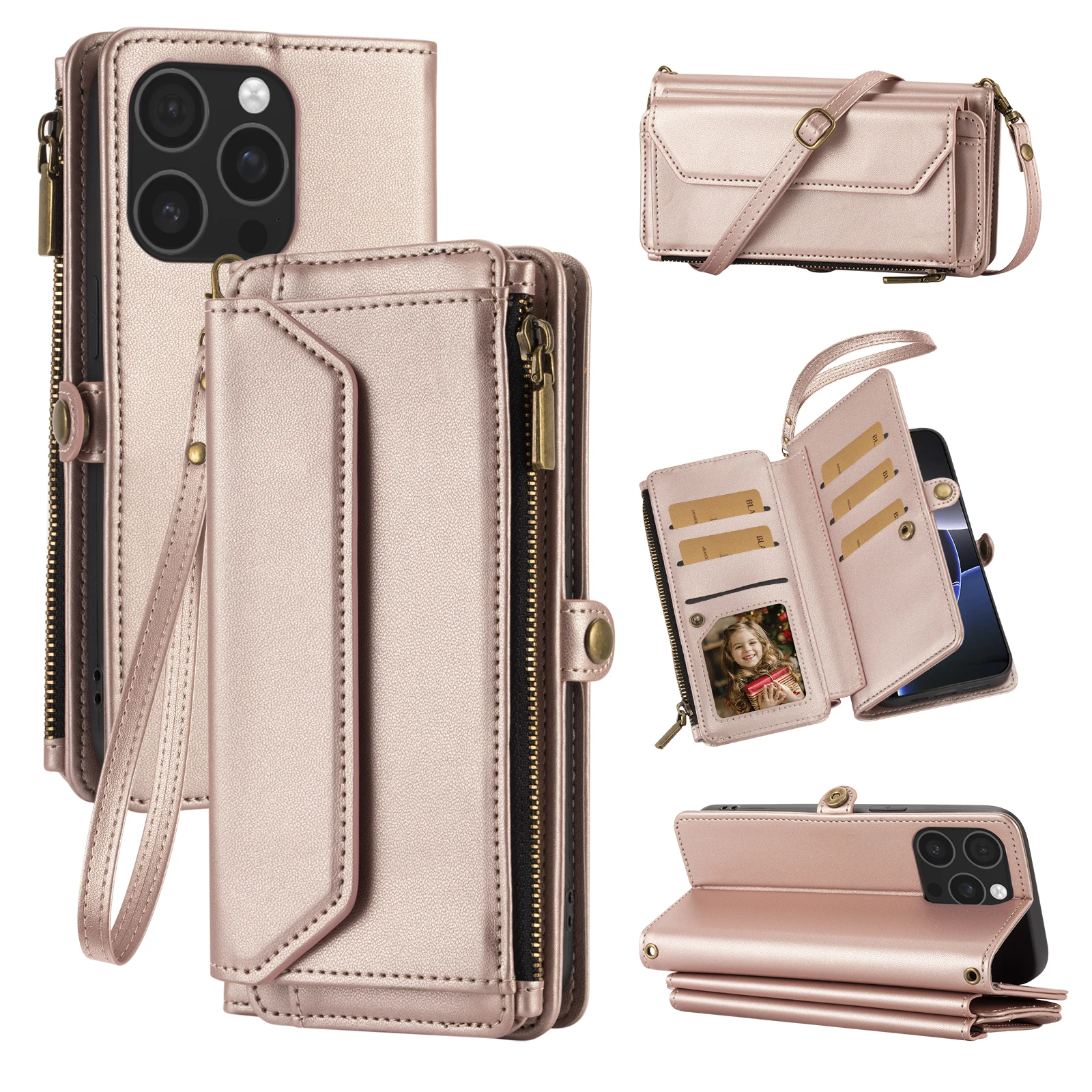 Handyhülle im Wallet-Stil mit mehreren Kartenfächern (langer Riemen + kurzer Riemen) für iPhone 17/16/15/14/13/12/11 Pro Max, Schutzset mit Münzfach, Umhängegurt, Anti-Fall-Kunstlederhülle – Detail 1