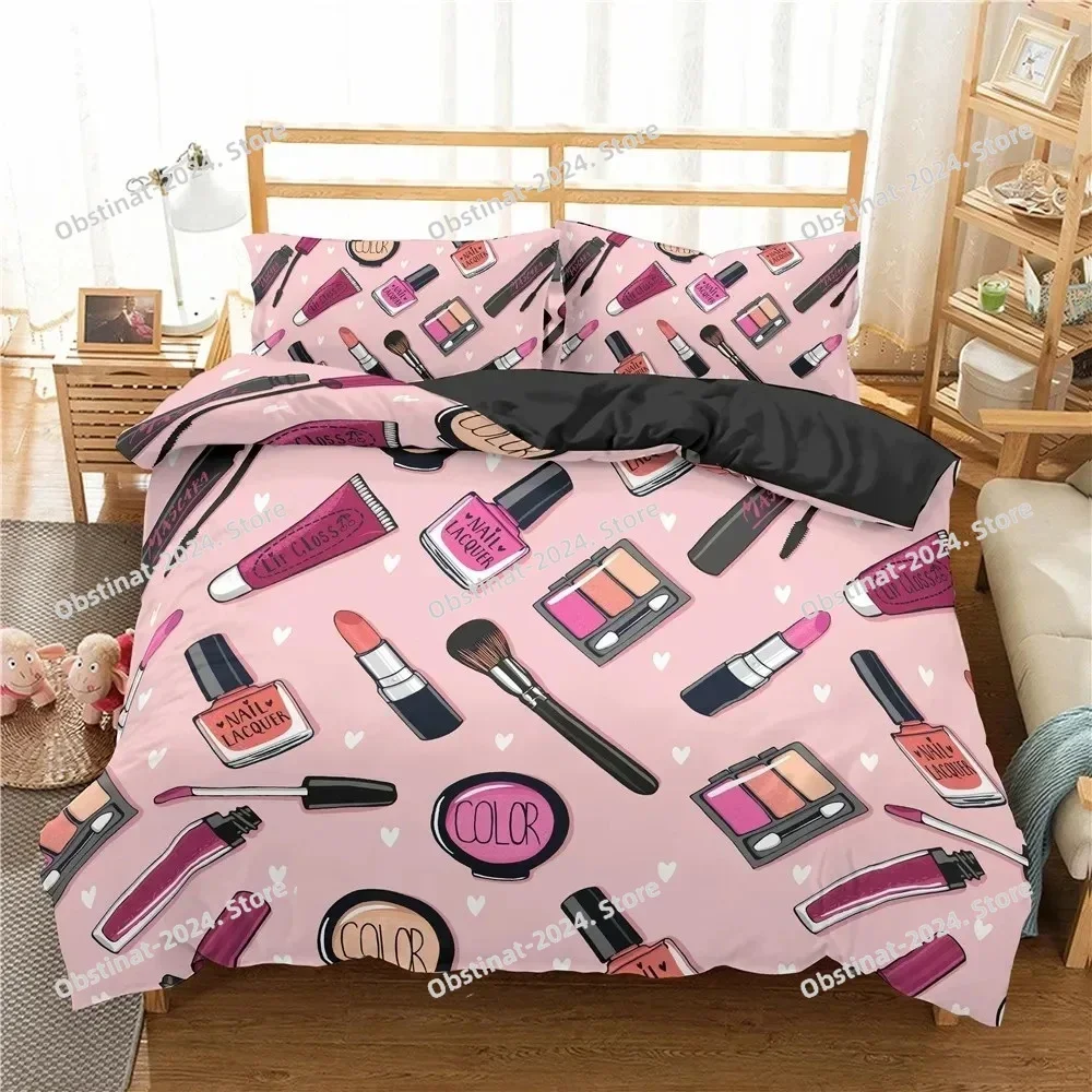 Makeup Lipstick Luxury 3D Print Comforter Bedding Set,Duvet Cover Bed Set Quilt Cover Pillowcase,King Queen Size Bedding Set Kid