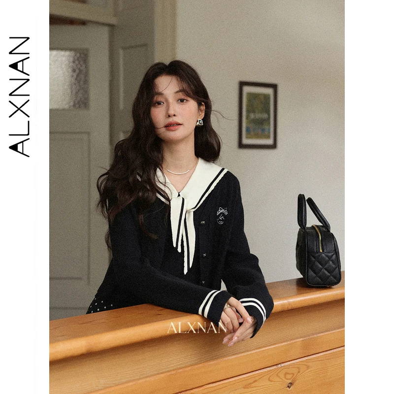 

ALXNAN Black Knitted Cardigan Women's Short Elegant Casual Knitwear 2025 Autumn Long Sleeve Knitted Sweaters Female Tops L57517