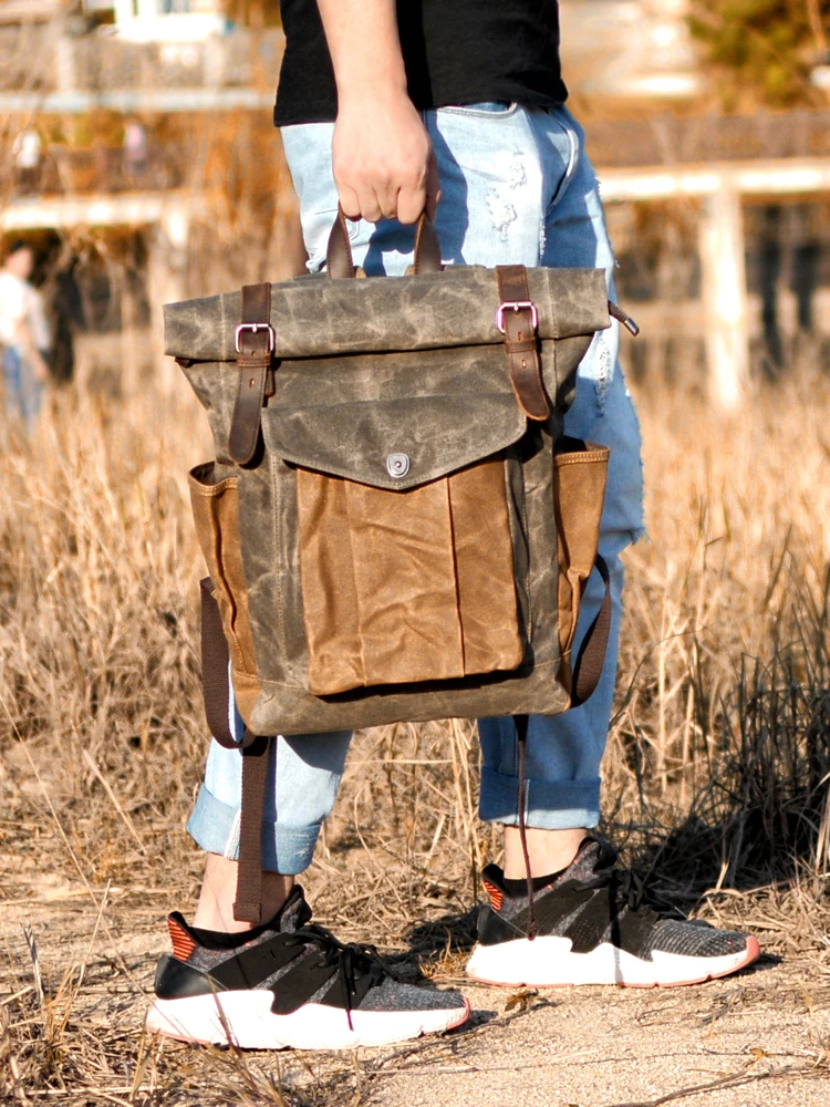 Vintage Canvas Backpack Waxed Leather Large Capacity Waterproof Travel Daypack for Men Large Retro Oil Wax Canvas Bagpack