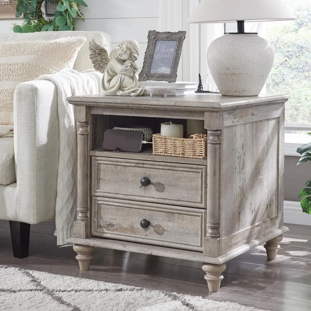 24'' Farmhouse End Table w/4 Solid Wood Feet, Wide Sofa Side Table with Charging Station, Tall Rustic Wood Square Nightstand