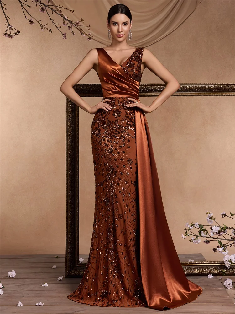 XUIBOL Elegant V-neck Splice Sequins Evening Dress Women Sleeveless Mermaid Formal Luxury Party Streamer Prom Cocktail Gown image 6