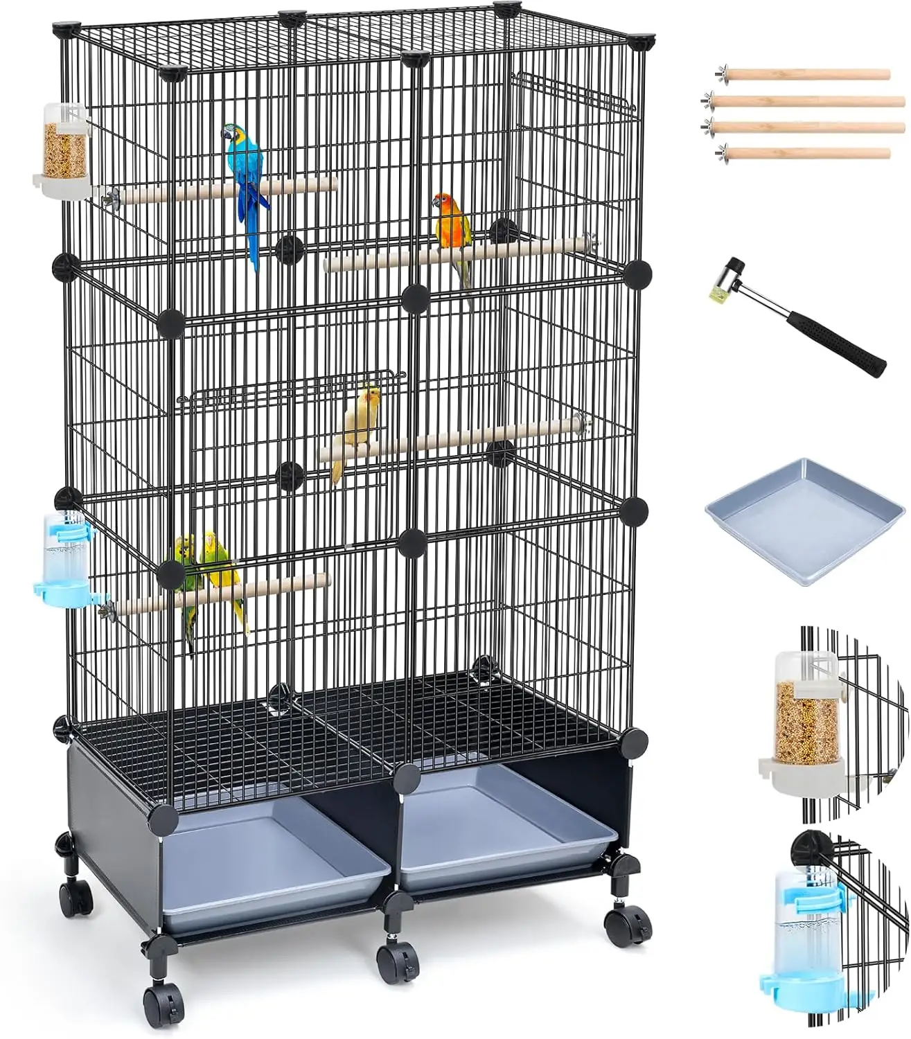 

46-Inch Spacious Bird Cage with Wooden Perches, Slide-Out Tray, Water Bottle & Feeder for Parrots and Small Birds