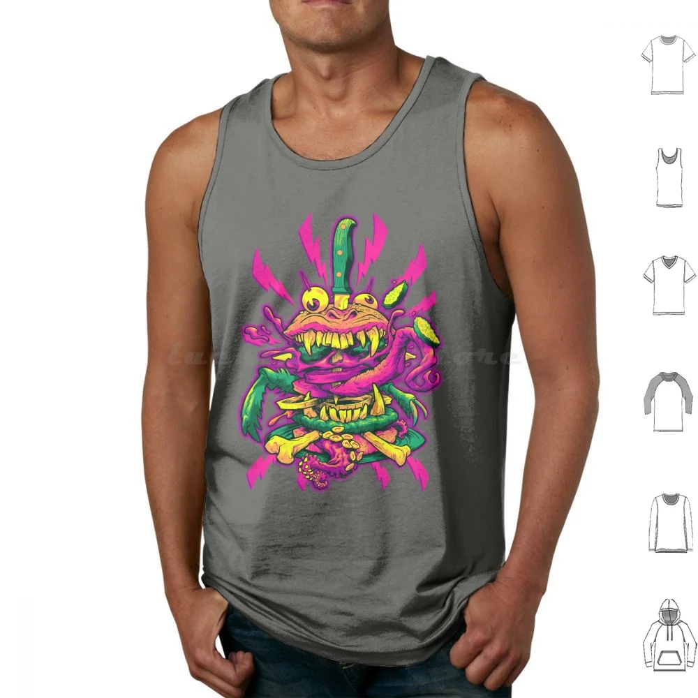 Beastburger Tank Tops Print Cotton Burger Hamburger Fast Food Food Cheeseburger Monster Creature Beast Tentacles Teeth