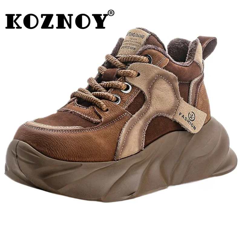 Koznoy 5CM Suede Genuine Leather Women Winter Fashion Thick Bottom Sneakers Platform Wedge Plush Warm Causal Fall Autumn Shoes