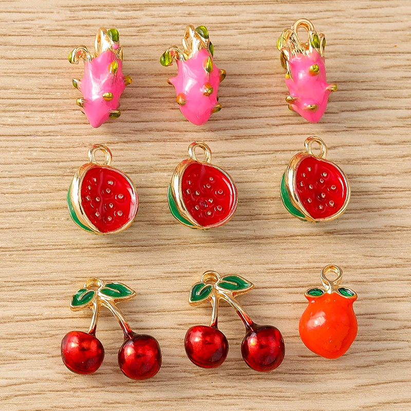 5pcs Cute Fruit Charms Metal Pitaya Watermelon Cherry Charms Pendants for Jewelry Making Necklaces Earrings Bracelets DIY Gifts