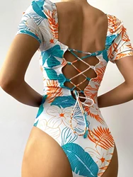 2025 New Short Sleeve Print One Piece Swimsuit For Women Backless Bandage Swimwear Female Bodysuit Bathing Suit Summer Beachwear