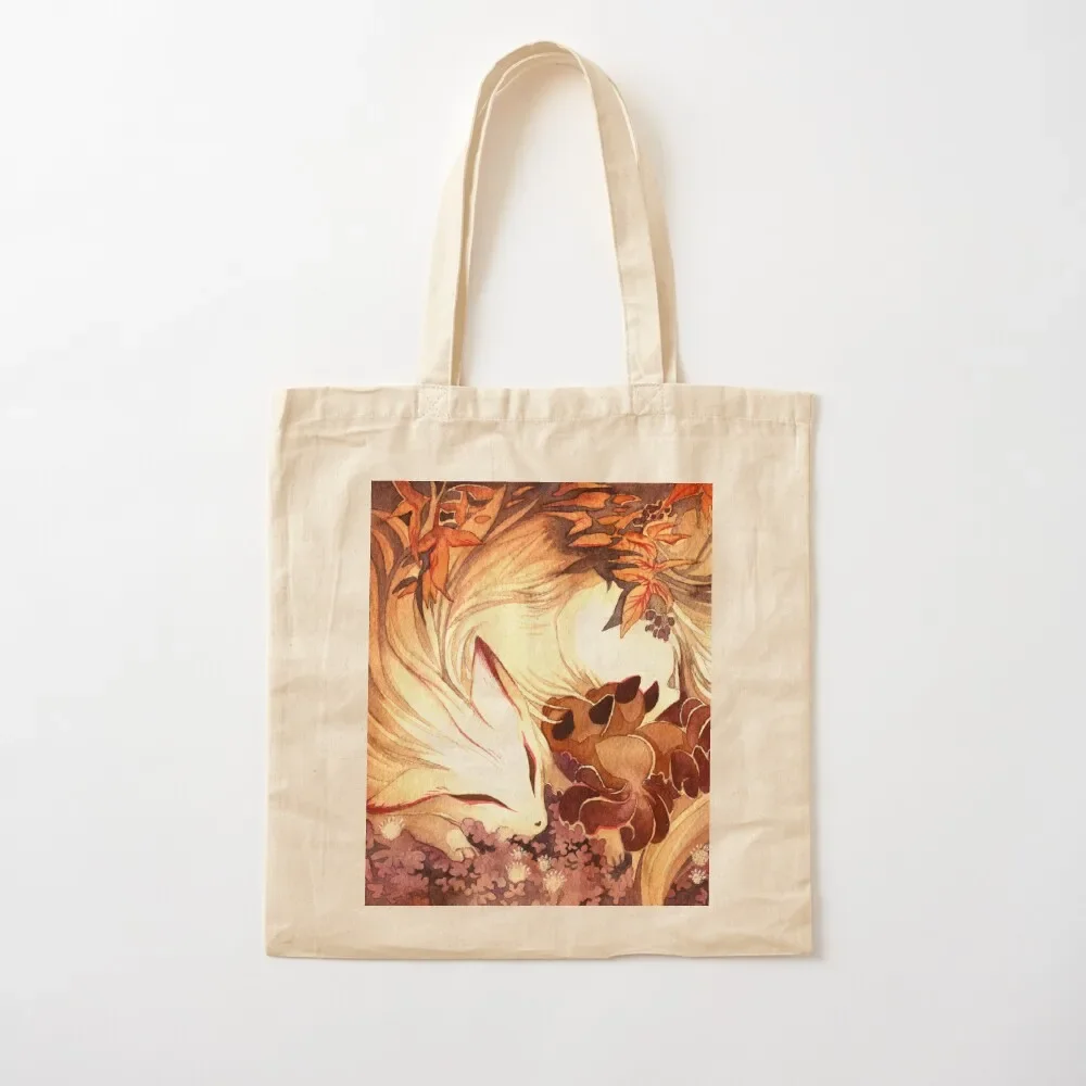 

Ninetailed Kitsune Fox with Kits Tote Bag canvas bags Women's handbag Fabric bag Tote Bag