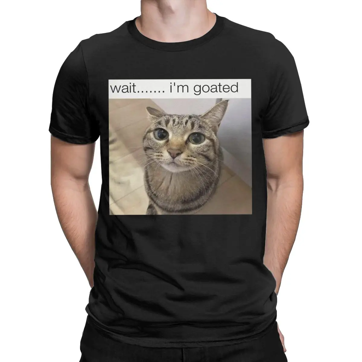 Wait I'm Goated Cat Meme T-Shirt for Men Humorous Pure Cotton Tee Shirt Crewneck Short Sleeve T Shirts Summer Clothing