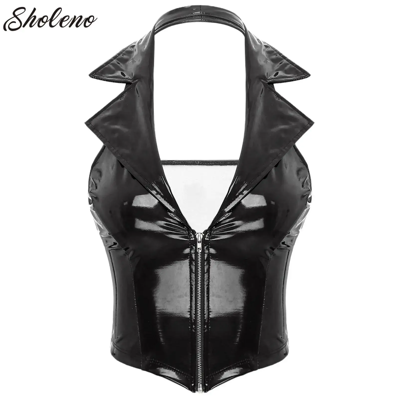 

Glossy Patent Leather Vest Womens Halter Notch Lapel Backless Deep V Neck Waistcoat Punk Crop Tank Tops Sexy Rave Party Clubwear