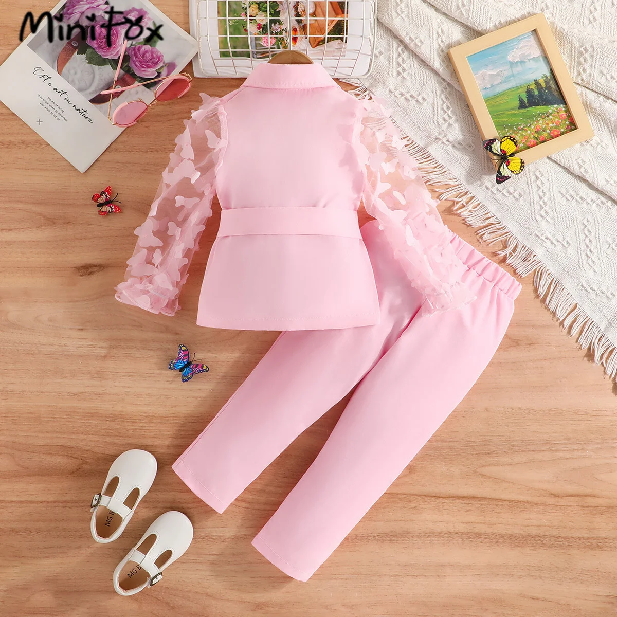 3pcs Summer Suit Set For Girls Kids Butterfly Butterfly  Sleeve Belted Coat+ Button Trousers Girls Blazer Outfit Sets Children