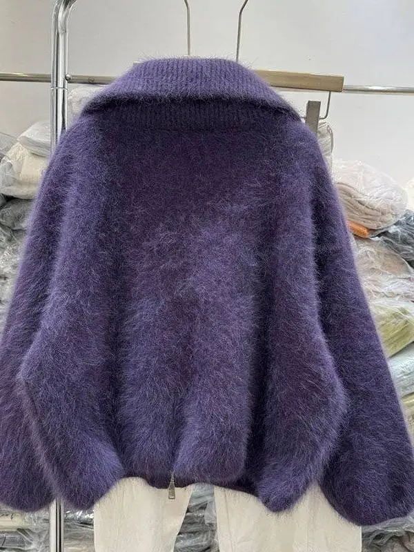 Ladies' Purple Knitted Short Cardigan Coat Rabbit Fur Thick Warm Winter Outerwear Loose Style round Neck Zipper Closure Long ...