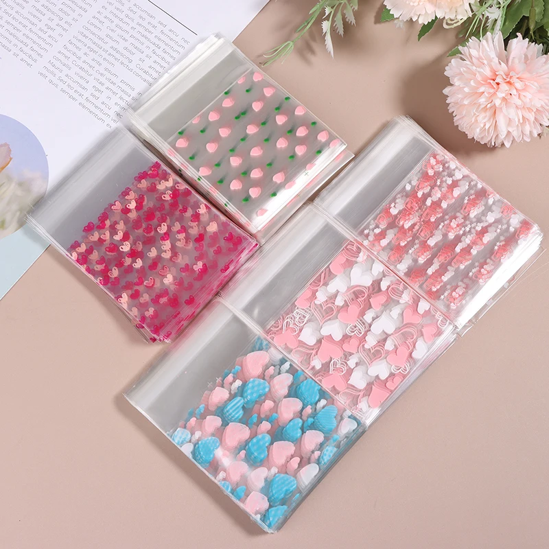100Pcs Heart Shaped Transparent Plastic Self-Adhesive Bags for DIY Jewelry Packaging Display Baking Cookies Packaging