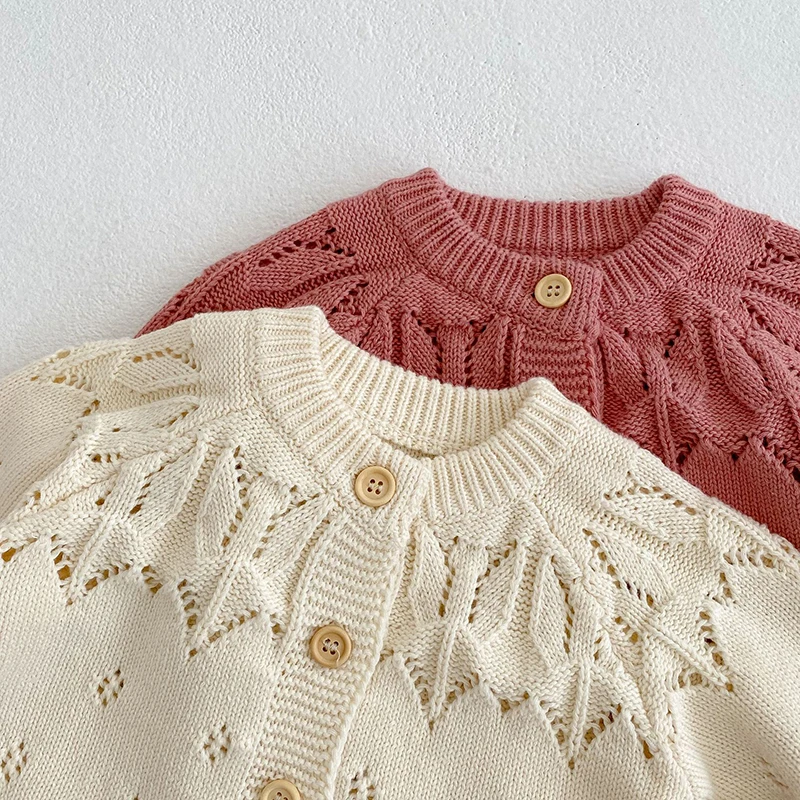 New Infant Baby Girls Knitting Cardigan Long Sleeve Solid Color Hollow Out Autumn Spring Newborn Baby Girls Sweater Coat