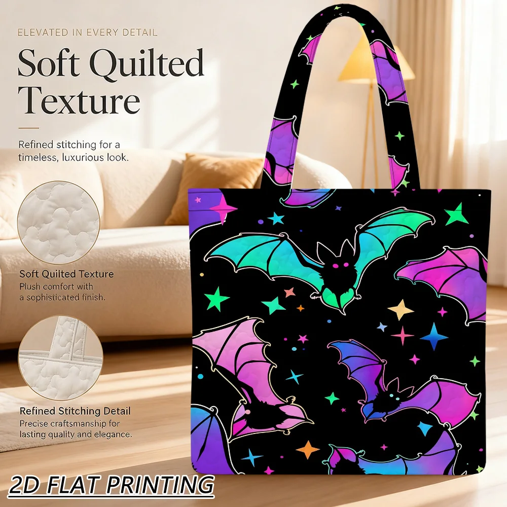 1pc Colorful bats flying Quilted Women'S Shoulder Bag, Soft Comfortable Handle For Grocery, Office, Gift Storage