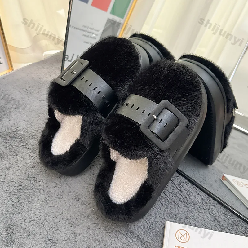 Warm Half Drag Shoes Women's Autumn Winter Fashion Anti-skid Indoor Home Plush Slippers Square Button Platform Cotton Slippers