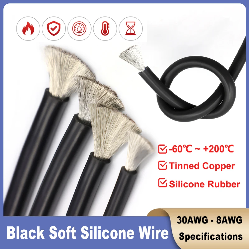 1~20m Super Soft Silicone Wire Black 30/28/26/24/22/20/18/16/15/14/13/12/10/8AWG Heat-resistant Car Battery Electric Power Cable