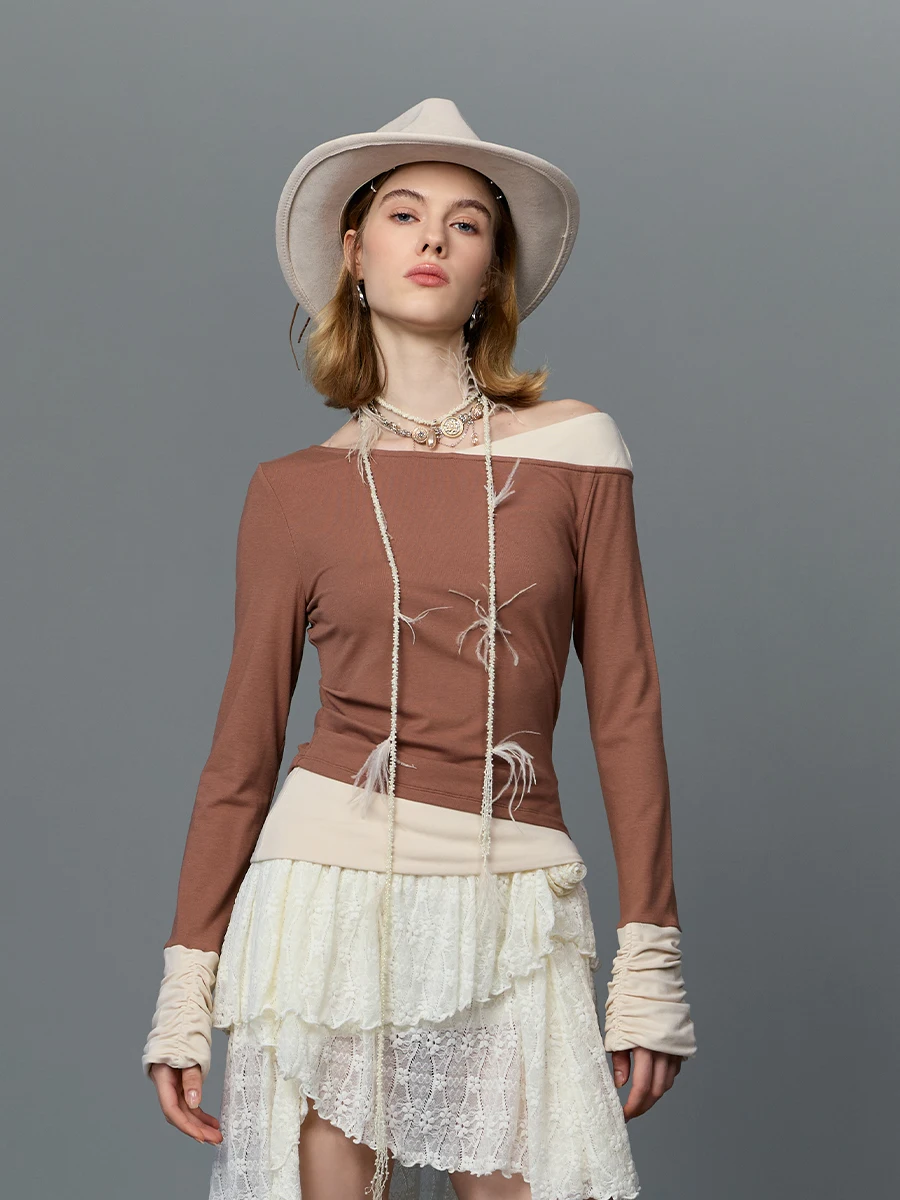 

Женский топ ClinkClunk для повседневной носки, осенне-зимний, с эффектом двухслойности, с открытыми плечами, двухцветный, приталенный крой